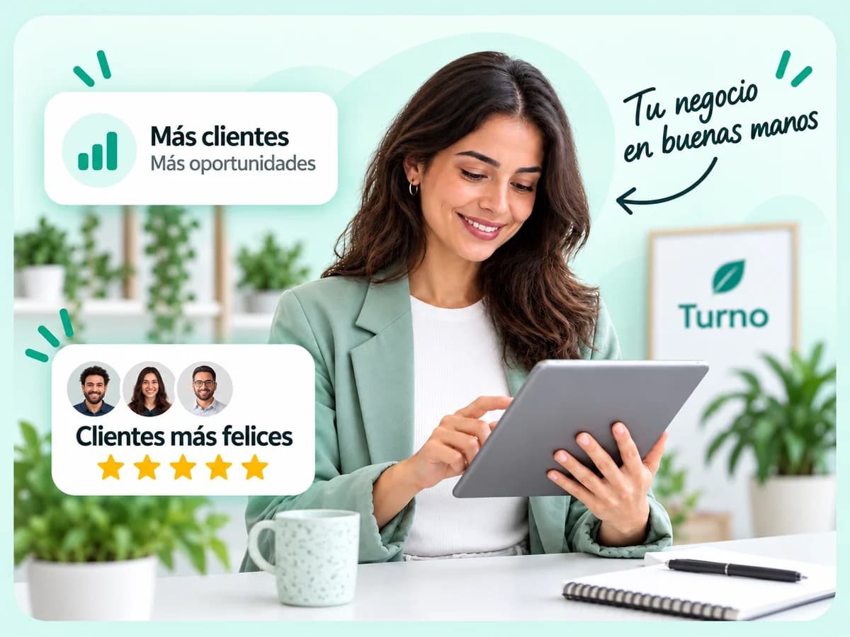 Profesional organizando su negocio desde una tablet, con ejemplos de beneficios de Turno