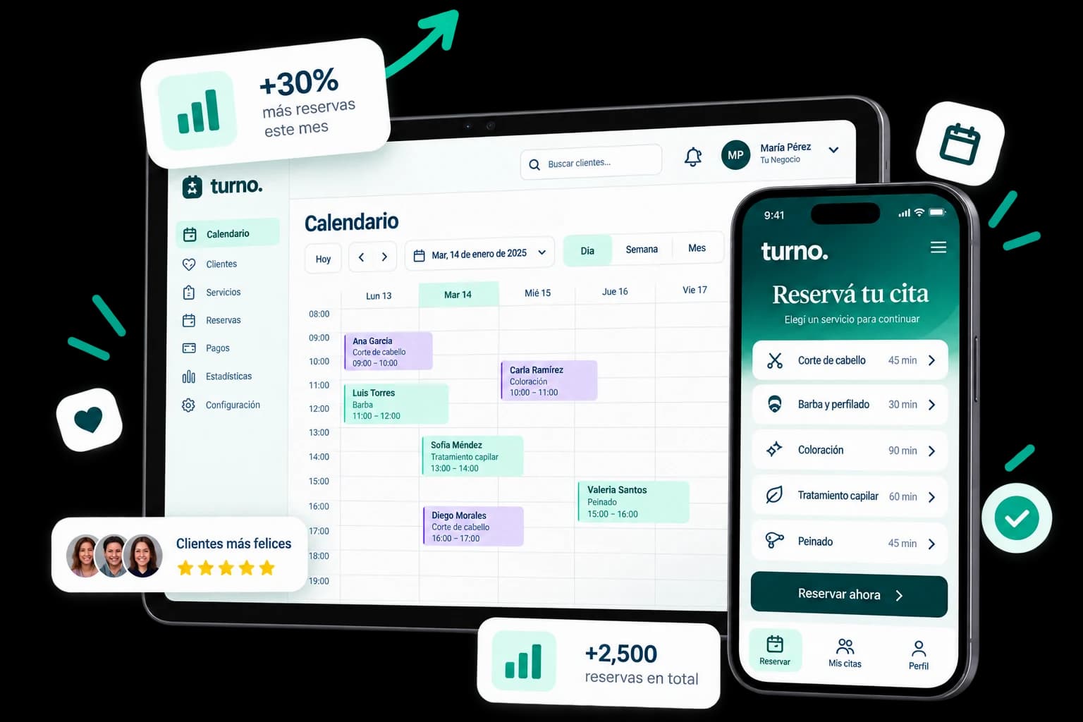 Ejemplo de Turno: calendario de citas en una tablet y página de reservas en un teléfono